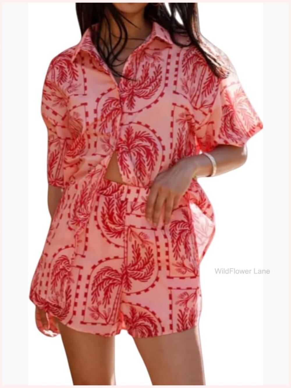 2 Piece Sets for Women Boho Print Button Down Shirt and Shorts Set Summer